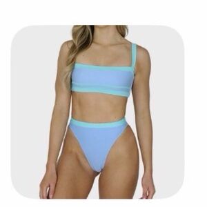 93 Play Street: Light Blue Two-Tone Square Neck Bikini Top and High Cut Bottom